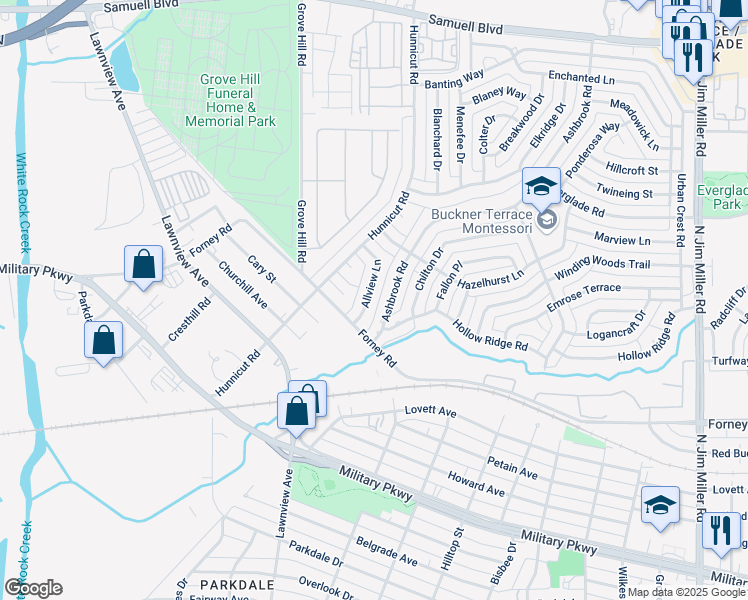 map of restaurants, bars, coffee shops, grocery stores, and more near 6926 Allview Lane in Dallas
