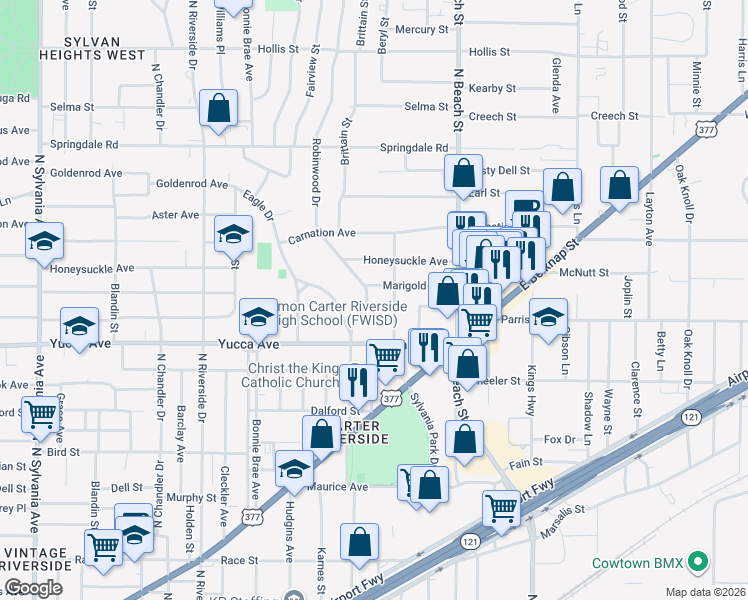 map of restaurants, bars, coffee shops, grocery stores, and more near 1412 Robinwood Drive in Fort Worth