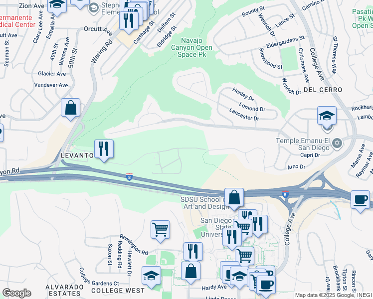 map of restaurants, bars, coffee shops, grocery stores, and more near 5727C Adobe Falls Road in San Diego