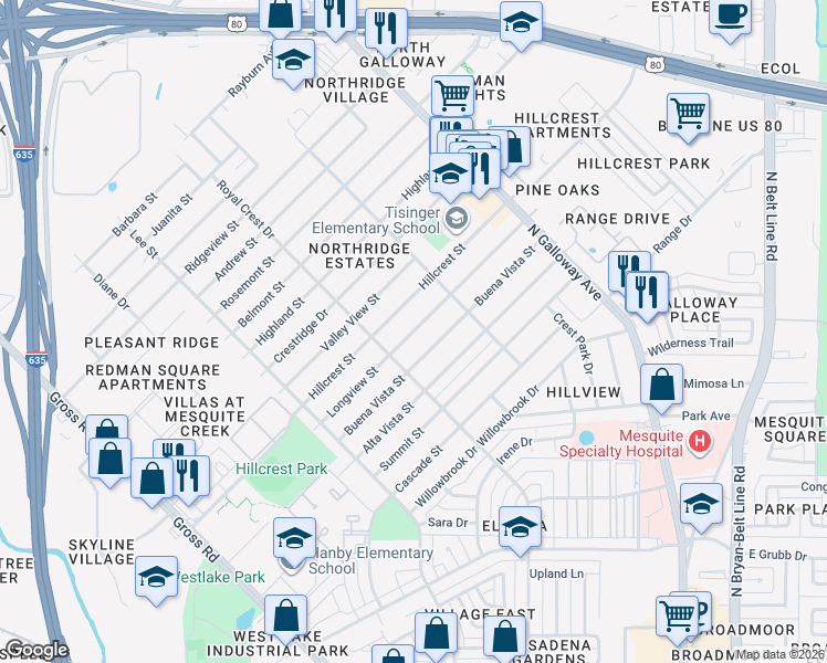 map of restaurants, bars, coffee shops, grocery stores, and more near Longview Street in Mesquite