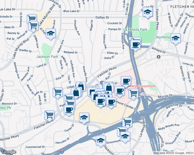 map of restaurants, bars, coffee shops, grocery stores, and more near 8717 Fletcher Parkway in La Mesa