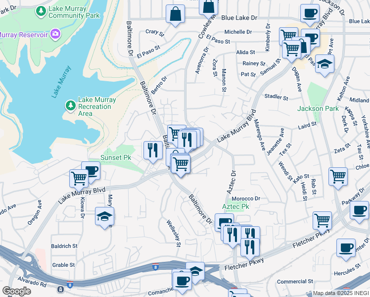 map of restaurants, bars, coffee shops, grocery stores, and more near 5637 Lake Park Way in La Mesa