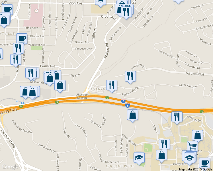 map of restaurants, bars, coffee shops, grocery stores, and more near 5320 Adobe Falls Road in San Diego