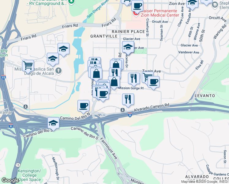 map of restaurants, bars, coffee shops, grocery stores, and more near 5957 Mission Gorge Road in San Diego