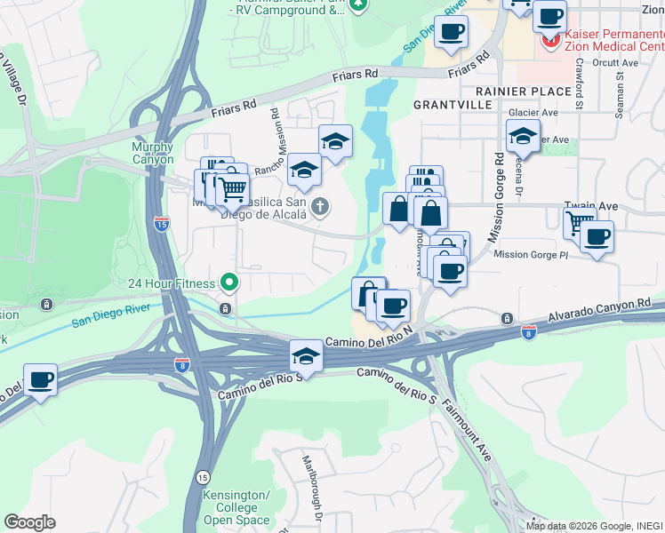 map of restaurants, bars, coffee shops, grocery stores, and more near 5991 Caminito Yucatan in San Diego