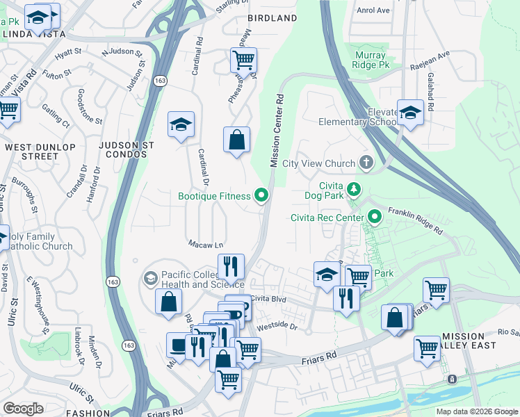 map of restaurants, bars, coffee shops, grocery stores, and more near 5930 Mission Center Road in San Diego