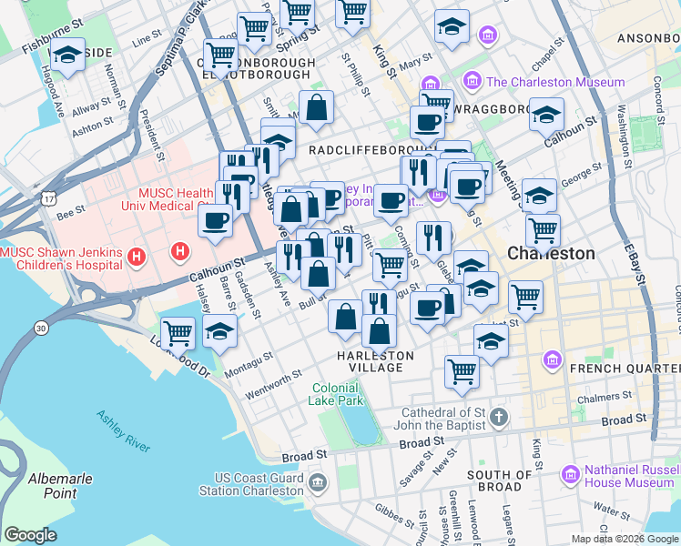 map of restaurants, bars, coffee shops, grocery stores, and more near 13 Smith Place in Charleston