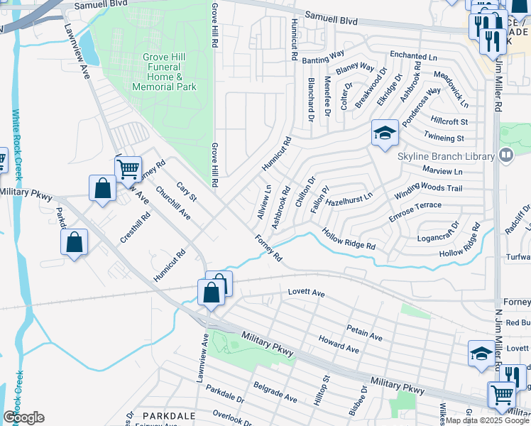 map of restaurants, bars, coffee shops, grocery stores, and more near 6926 Allview Lane in Dallas