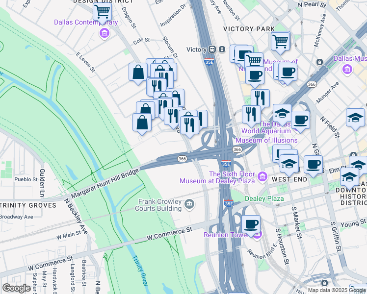 map of restaurants, bars, coffee shops, grocery stores, and more near 505 N Industrial Blvd in Dallas