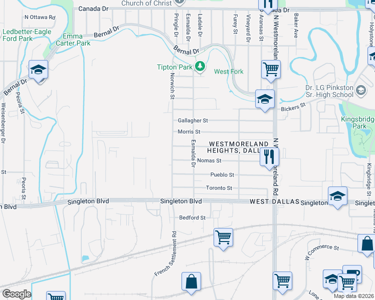 map of restaurants, bars, coffee shops, grocery stores, and more near 3726 McBroom Street in Dallas