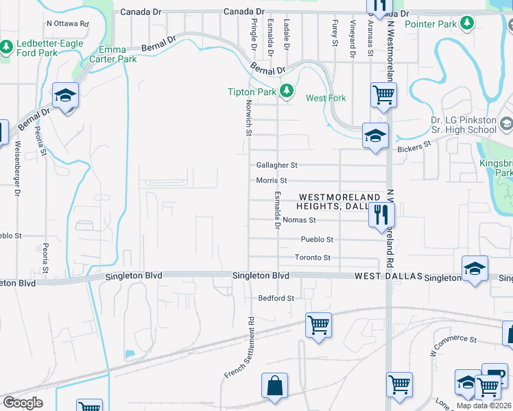 map of restaurants, bars, coffee shops, grocery stores, and more near 3726 McBroom Street in Dallas