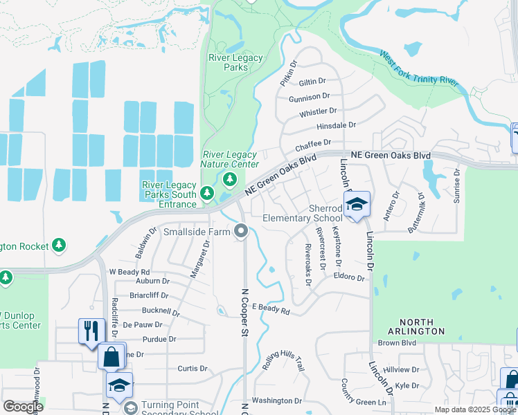 map of restaurants, bars, coffee shops, grocery stores, and more near 2721 Copper Creek Drive in Arlington