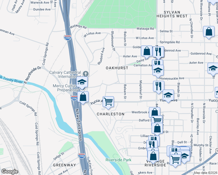 map of restaurants, bars, coffee shops, grocery stores, and more near 1408 Bluebonnet Dr in Fort Worth