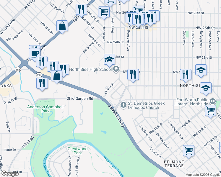 map of restaurants, bars, coffee shops, grocery stores, and more near 2008 Fielder Street in Fort Worth