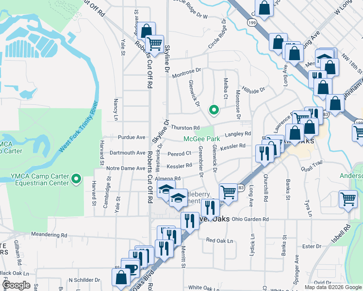 map of restaurants, bars, coffee shops, grocery stores, and more near 5009 Langley Road in River Oaks