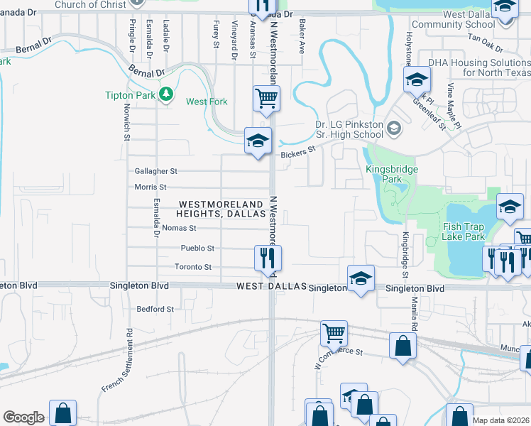 map of restaurants, bars, coffee shops, grocery stores, and more near 3325 North Westmoreland Road in Dallas
