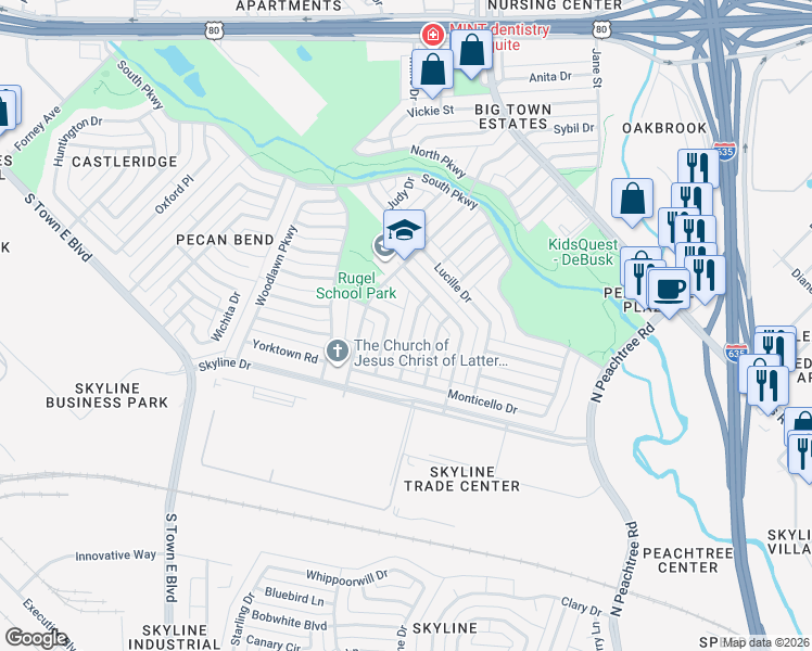 map of restaurants, bars, coffee shops, grocery stores, and more near 1409 Meadowcrest Drive in Mesquite