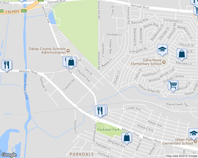 map of restaurants, bars, coffee shops, grocery stores, and more near 5719 Cary Street in Dallas