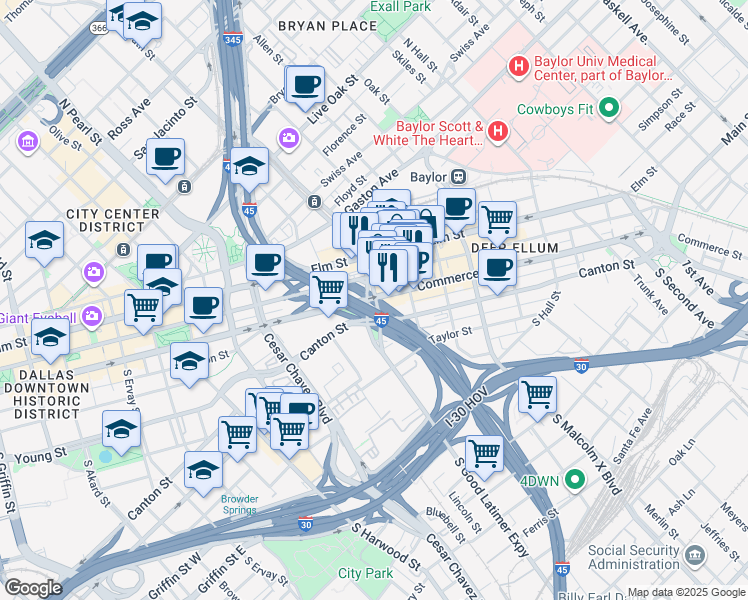 map of restaurants, bars, coffee shops, grocery stores, and more near 5322 South Good Latimer Expressway in Dallas
