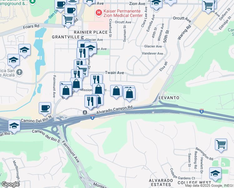 map of restaurants, bars, coffee shops, grocery stores, and more near 4651 Mission Gorge Place in San Diego