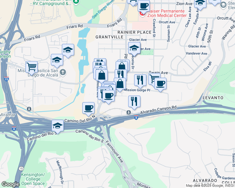 map of restaurants, bars, coffee shops, grocery stores, and more near 5957 Mission Gorge Road in San Diego