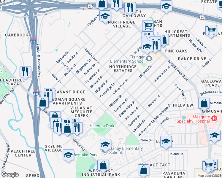 map of restaurants, bars, coffee shops, grocery stores, and more near 1408 Crestridge Street in Mesquite