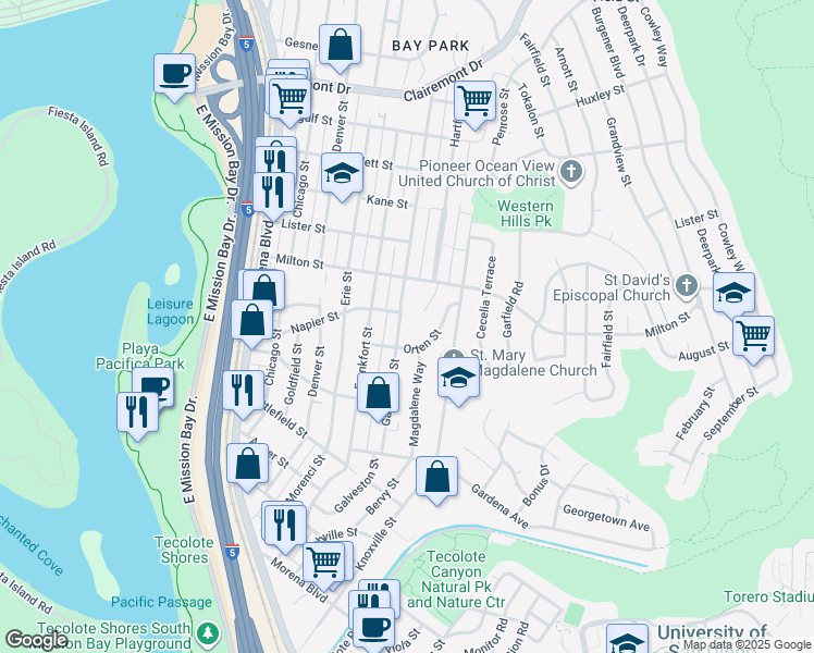 map of restaurants, bars, coffee shops, grocery stores, and more near 2047 Galveston Street in San Diego