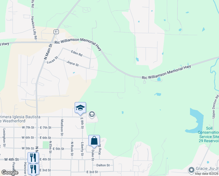 map of restaurants, bars, coffee shops, grocery stores, and more near 2284 Tanglewood Street in Weatherford