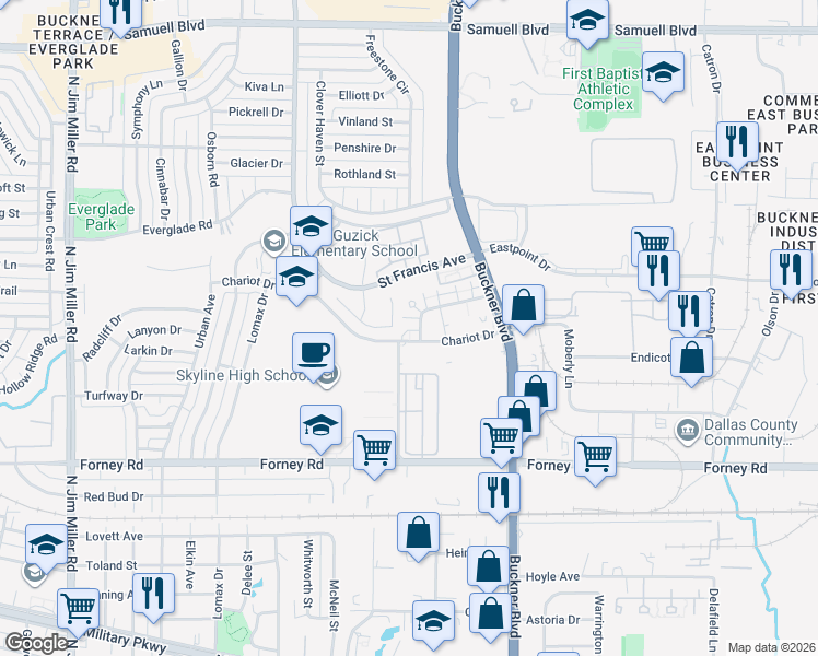 map of restaurants, bars, coffee shops, grocery stores, and more near 8001 A Rothington Road in Dallas