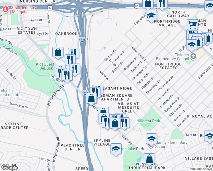 map of restaurants, bars, coffee shops, grocery stores, and more near 1129 Ridgeview Street in Mesquite