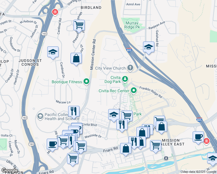 map of restaurants, bars, coffee shops, grocery stores, and more near 2543 Aperture Circle in San Diego