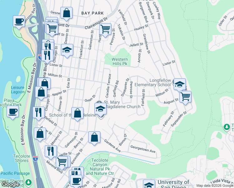 map of restaurants, bars, coffee shops, grocery stores, and more near 2111 Garfield Road in San Diego
