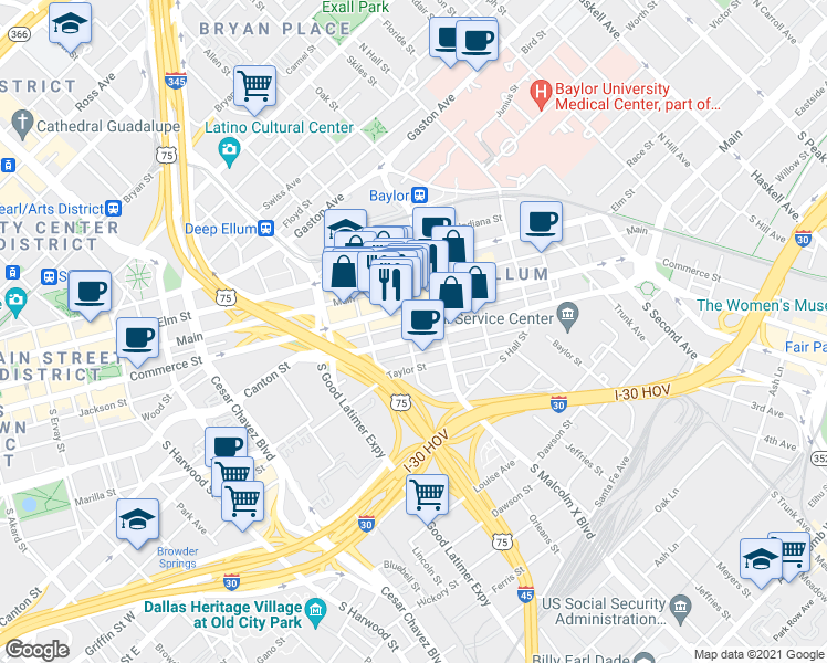 map of restaurants, bars, coffee shops, grocery stores, and more near 2805 Canton Street in Dallas