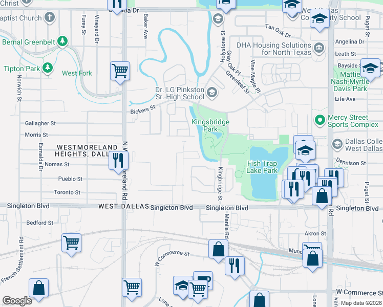 map of restaurants, bars, coffee shops, grocery stores, and more near Fishtrap Lake Park Trail in Dallas