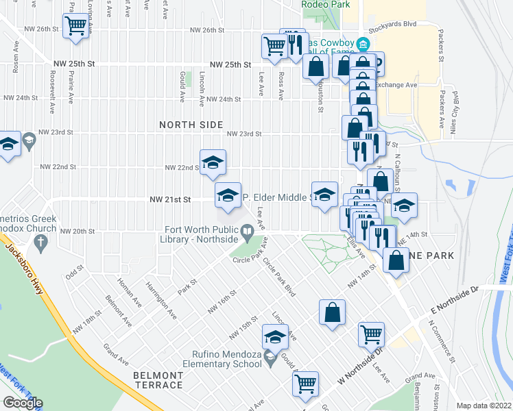 map of restaurants, bars, coffee shops, grocery stores, and more near 2023 Lee Avenue in Fort Worth
