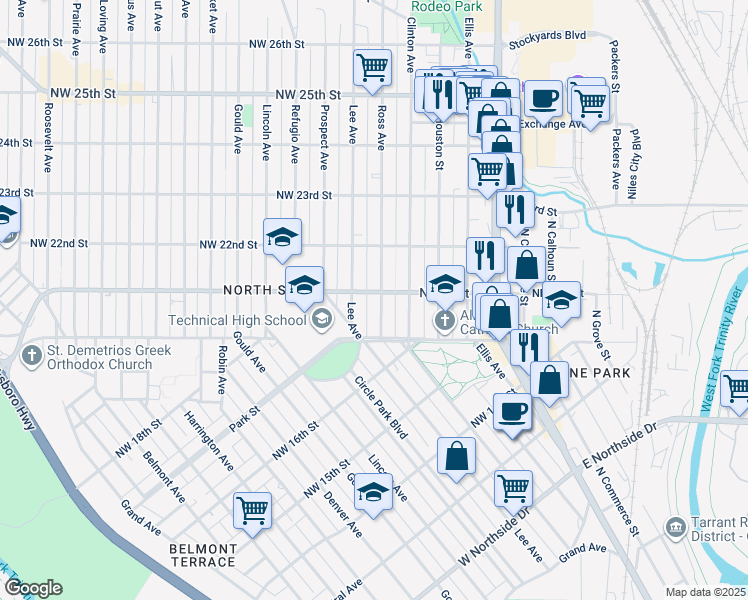 map of restaurants, bars, coffee shops, grocery stores, and more near 2019 Ross Avenue in Fort Worth