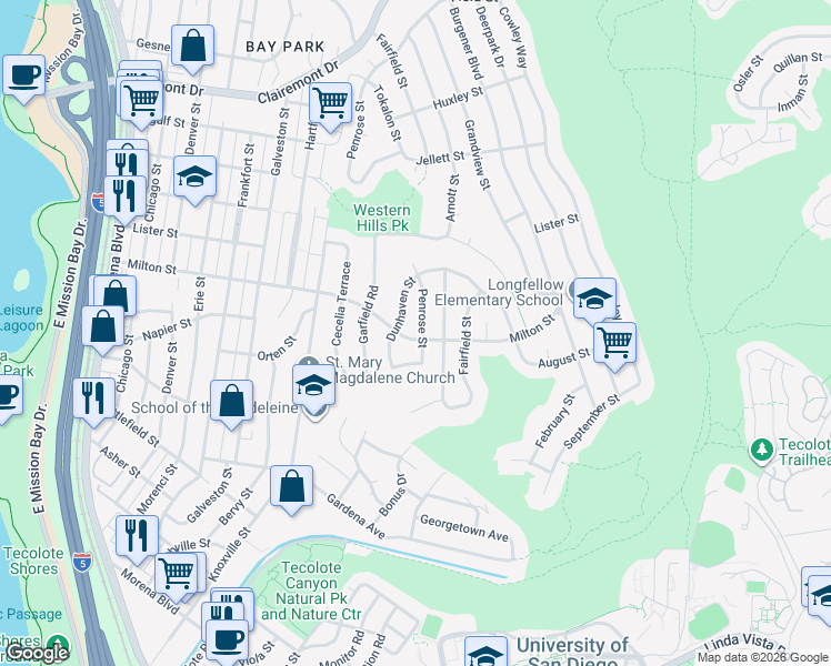 map of restaurants, bars, coffee shops, grocery stores, and more near 2204 Penrose Street in San Diego