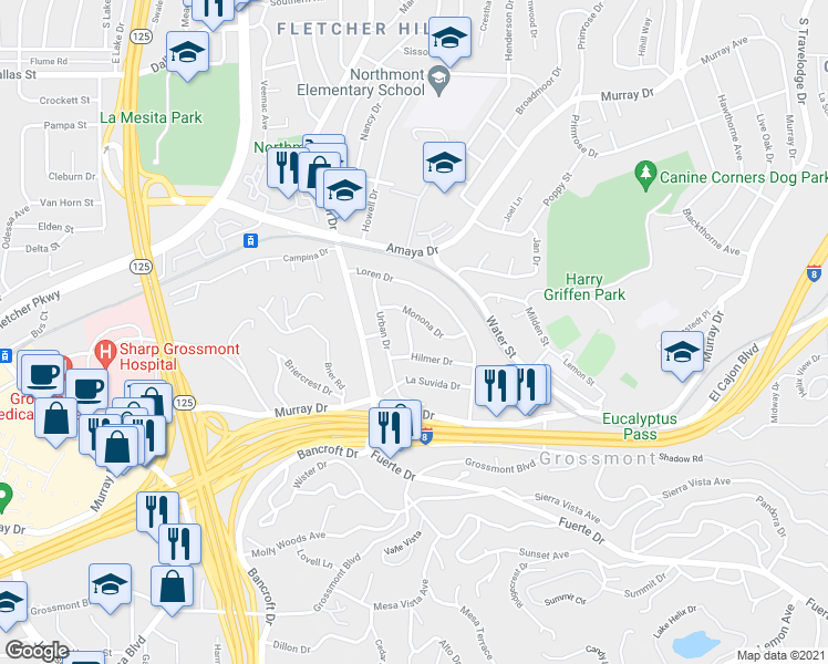 map of restaurants, bars, coffee shops, grocery stores, and more near 5725 Huneck Drive in La Mesa