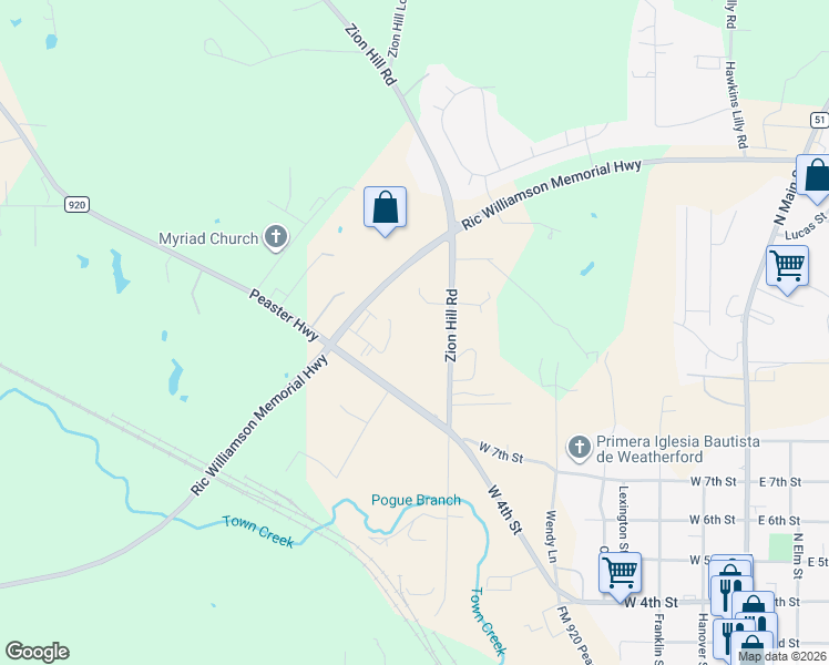 map of restaurants, bars, coffee shops, grocery stores, and more near 215 Zion Hill Road in Weatherford