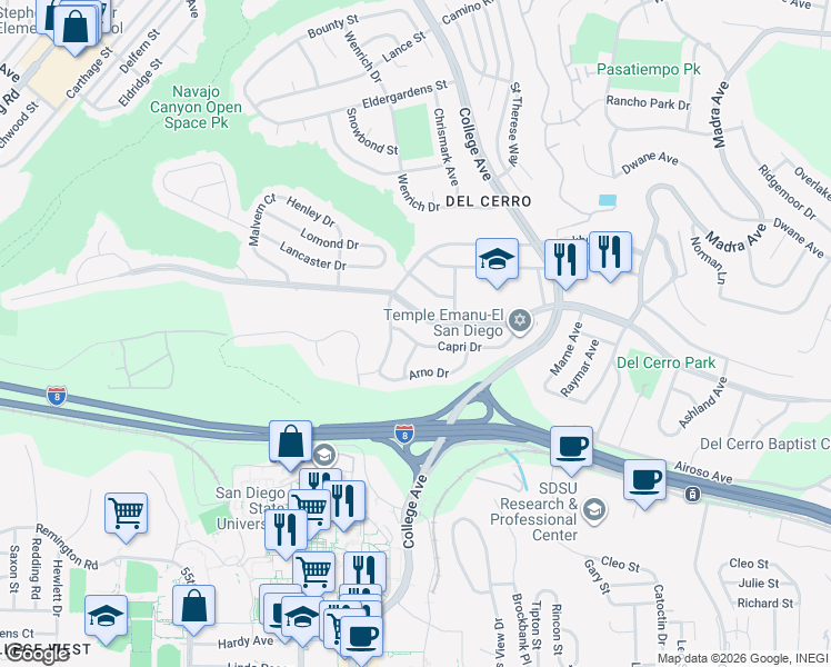 map of restaurants, bars, coffee shops, grocery stores, and more near 6126 Capri Drive in San Diego