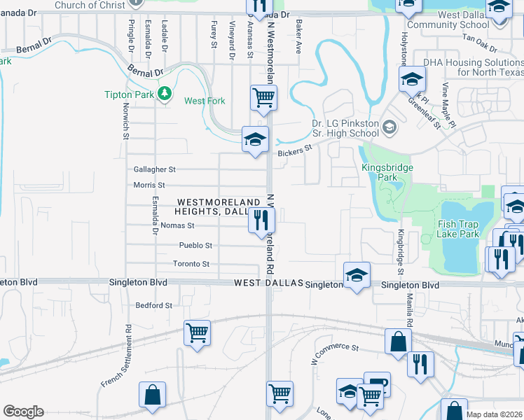 map of restaurants, bars, coffee shops, grocery stores, and more near 3325 North Westmoreland Road in Dallas