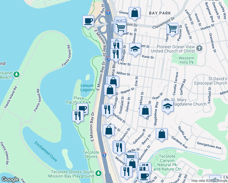 map of restaurants, bars, coffee shops, grocery stores, and more near 2005 Morena Boulevard in San Diego