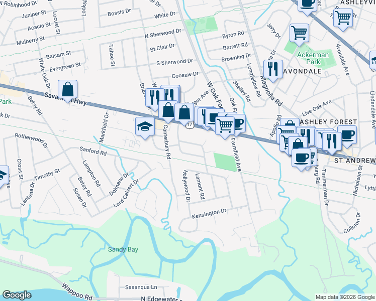map of restaurants, bars, coffee shops, grocery stores, and more near 1248 Parkwood Estates Drive in Charleston
