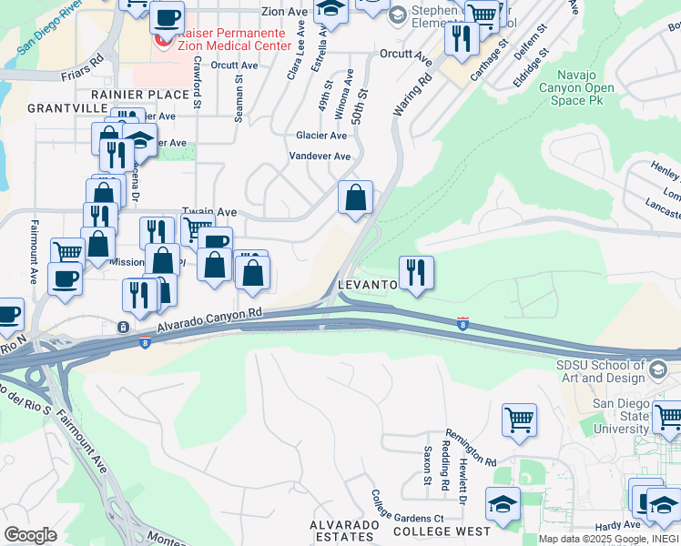 map of restaurants, bars, coffee shops, grocery stores, and more near 4900 Waring Road in San Diego