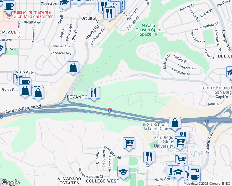 map of restaurants, bars, coffee shops, grocery stores, and more near 5482 Adobe Falls Road in San Diego