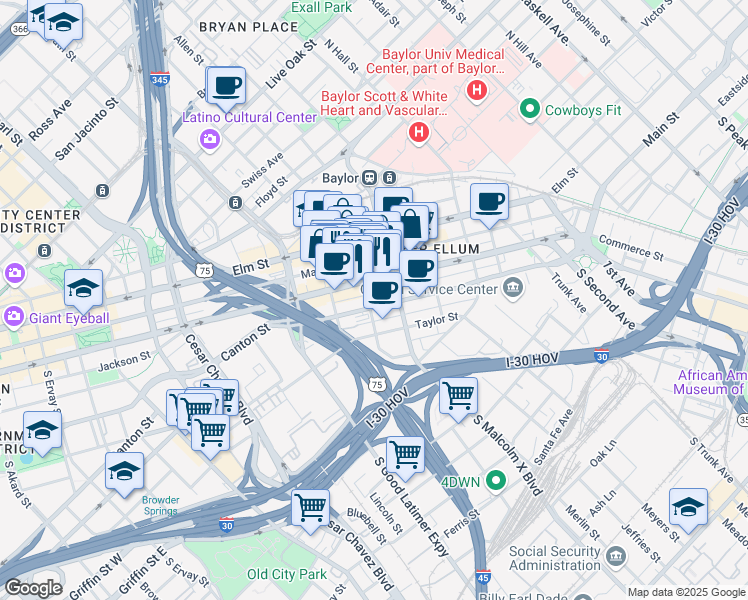 map of restaurants, bars, coffee shops, grocery stores, and more near 2805 Canton Street in Dallas
