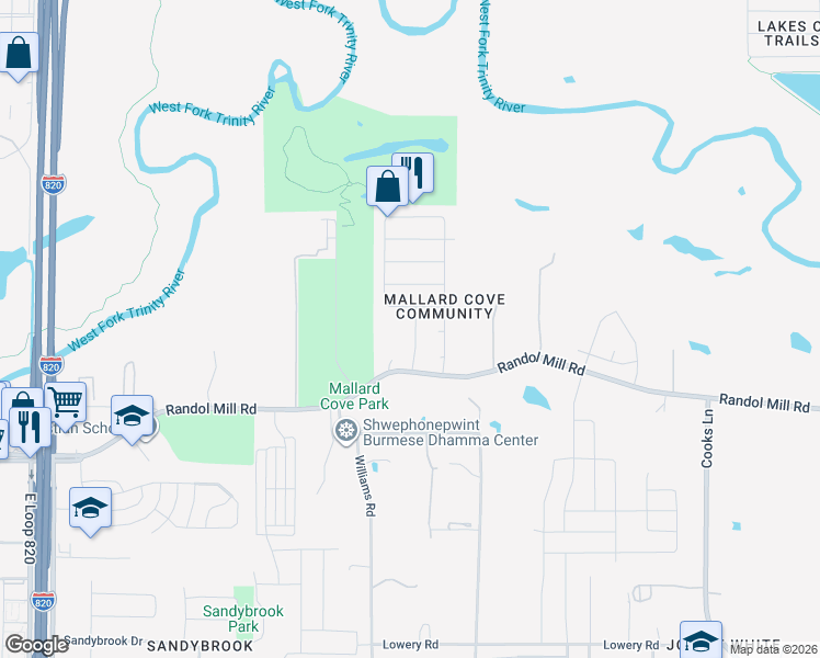 map of restaurants, bars, coffee shops, grocery stores, and more near 133 Flyaway Lane in Fort Worth