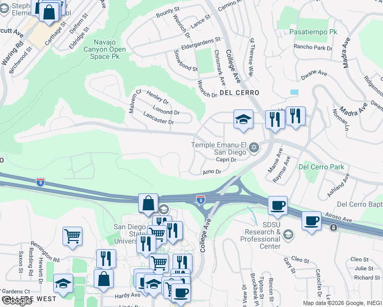 map of restaurants, bars, coffee shops, grocery stores, and more near 5690 Genoa Drive in San Diego
