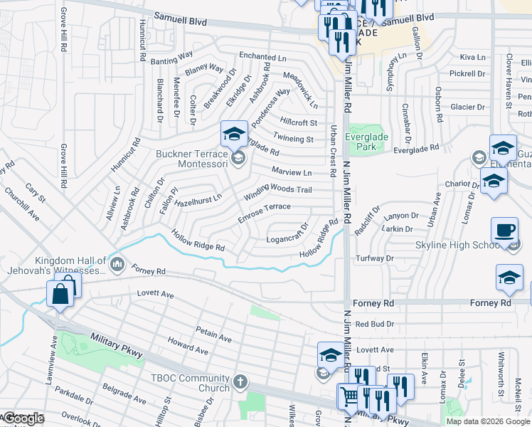 map of restaurants, bars, coffee shops, grocery stores, and more near 5718 Emrose Terrace in Dallas