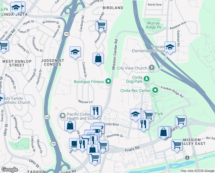 map of restaurants, bars, coffee shops, grocery stores, and more near 5930 Mission Center Road in San Diego